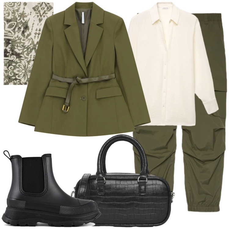 Outfit donna - Lunedì mattina. Stile Urban per Ufficio. Abbinamento con camicie, borse a tracolla, blazer, foulard, pantaloni cargo, stivali.