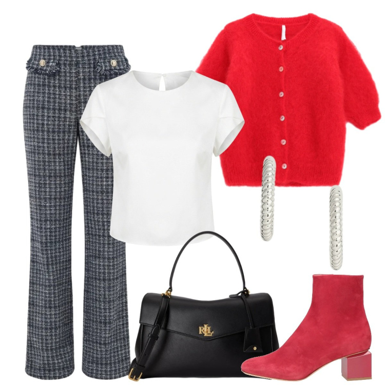 Outfit donna - Un tocco di rosso. Stile Basic per Tutti i giorni. Abbinamento con cardigans, orecchini, borse a mano, pantaloni, t-shirt, stivaletti.