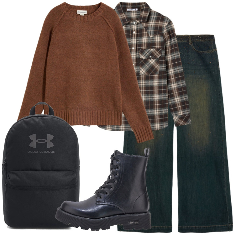 Outfit donna - Camicia a quadri. Stile Casual per Scuola/Università. Abbinamento con maglieria, camicie, jeans, anfibi, zaini.