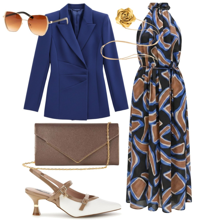 Outfit donna - Cerimonia all\'aperto. Stile Romantica per Cerimonia. Abbinamento con clutch, vestiti lunghi, blazer, collane, occhiali da sole, décolleté.