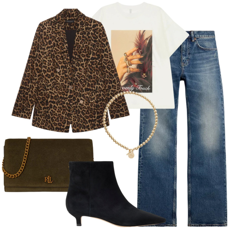Outfit donna - Blazer maculato. Stile Glamour per Tutti i giorni. Abbinamento con t-shirt, blazer, collane, jeans bootcut, borse a tracolla, stivaletti.