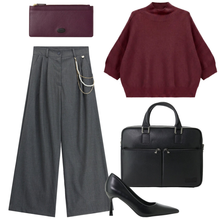 Outfit donna - Total look #2485816. Stile Minimal per Ufficio. Abbinamento con maglieria, décolleté, borse messenger, pantaloni a palazzo, portafogli.