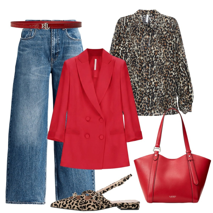 Outfit donna - Animalier/Rosso. Stile Basic per Tutti i giorni. Abbinamento con ballerine, blazer, camicie, jeans, borse tote, cinture.