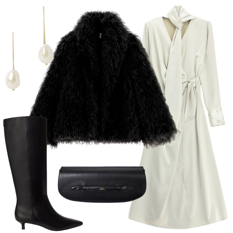 Outfit donna - A teatro. Stile Glamour per Serata fuori. Abbinamento con vestiti lunghi, blazer, clutch, orecchini, stivali.