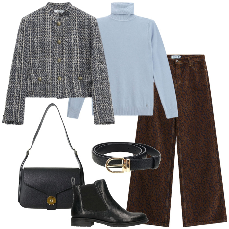 Outfit donna - Total look #2485826. Stile Casual chic per Ufficio. Abbinamento con borse a spalla, pantaloni a palazzo, cappotti, t-shirt, cinture, stivaletti.