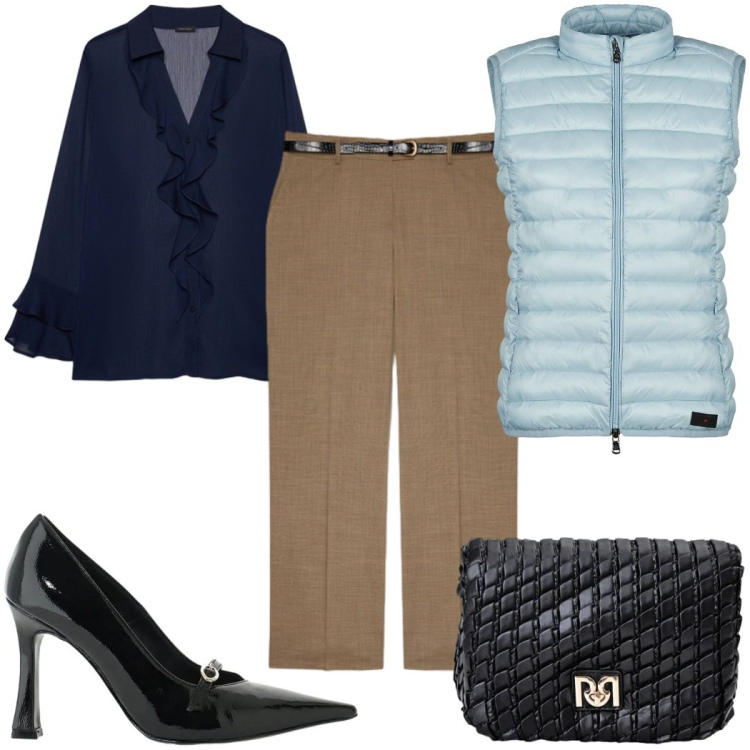 Outfit donna - Total look #2485827. Stile Casual chic per Tutti i giorni. Abbinamento con décolleté, pantaloni, bluse, borse a tracolla, piumini.