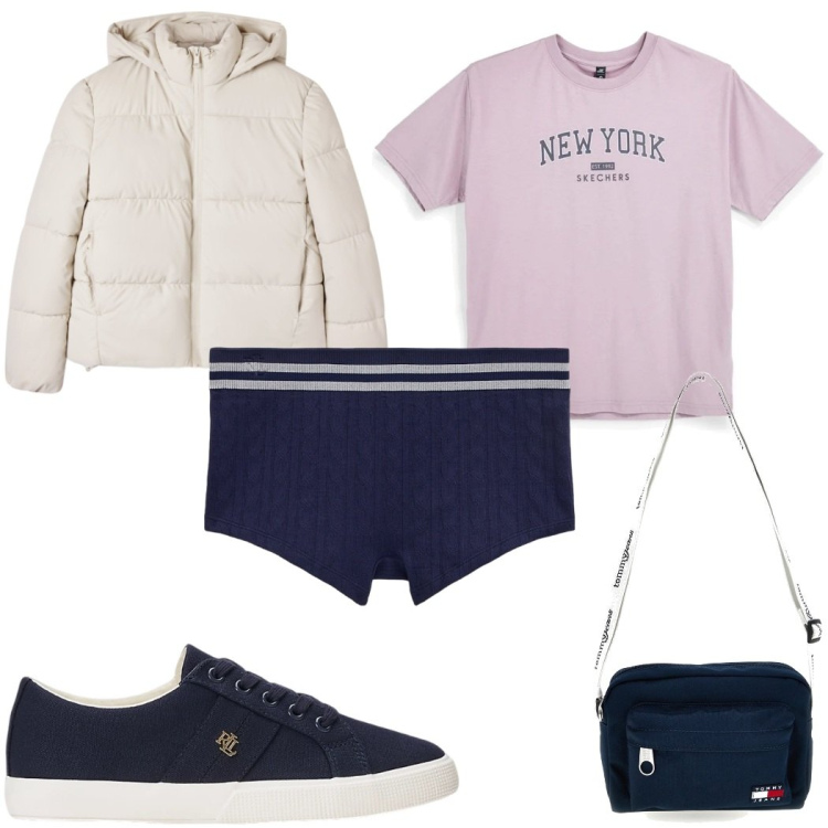 Outfit donna - Total look #2485829. Stile Basic per Tutti i giorni. Abbinamento con bomber, sneakers, pantaloni corti, borse a tracolla, t-shirt.