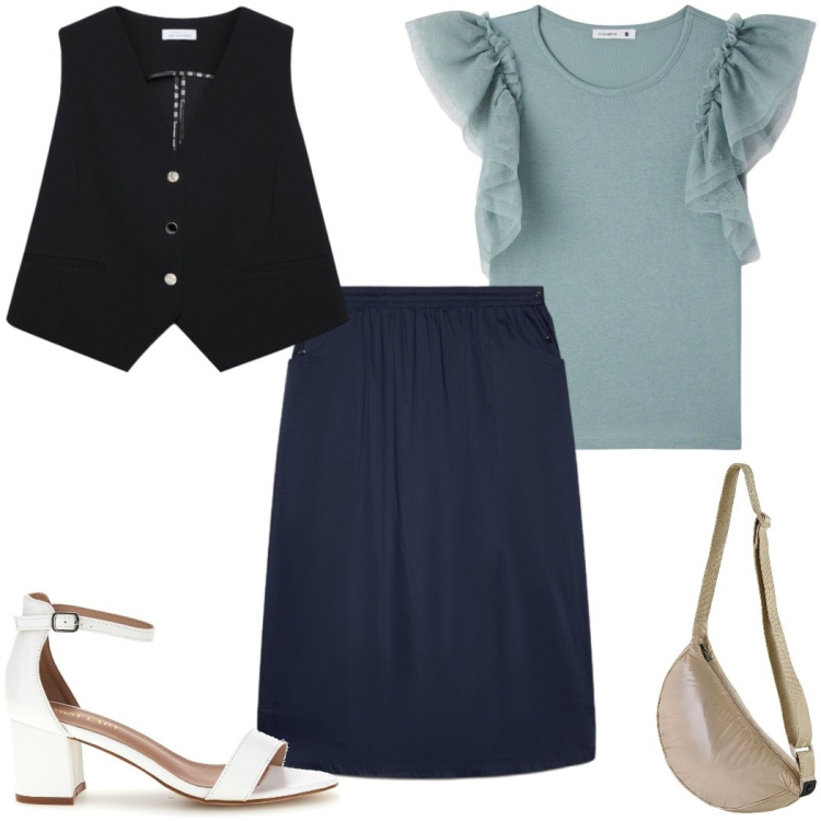Outfit donna - Total look #2485832. Stile Trendy per Tutti i giorni. Abbinamento con t-shirt, gonne lunghe, gilet, borse a tracolla, sandali col tacco.