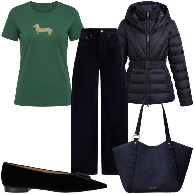 Outfit donna - Total look #2485833. Stile Casual chic per Tutti i giorni. Abbinamento con t-shirt, piumini, borse tote, pantaloni, ballerine.
