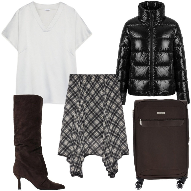 Outfit donna - Total look #2485836. Stile Trendy per Tutti i giorni. Abbinamento con stivali, gonne longuette, t-shirt, piumini, valigie.
