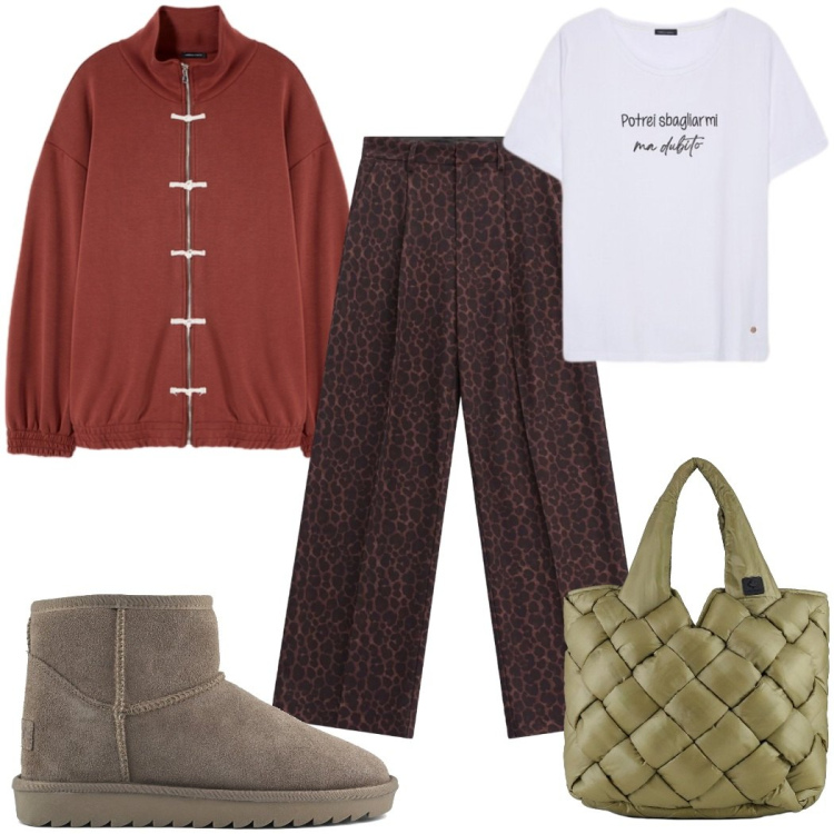 Outfit donna - Total look #2485839. Stile Casual per Tutti i giorni. Abbinamento con pantaloni a palazzo, felpe, t-shirt, borse tote, stivali.