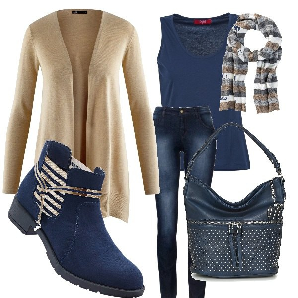 Outfit donna - Basic #3673. Stile Basic per Tutti i giorni. Abbinamento con jeans skinny, cardigans, sciarpa, top, borsa blu, cardigan lavorato a maglia collo aperto aderente beige.