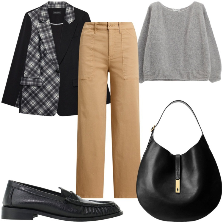 Outfit donna - Total look #2485840. Stile Trendy per Ufficio. Abbinamento con mocassini, blazer, borse a spalla, pantaloni, maglieria.
