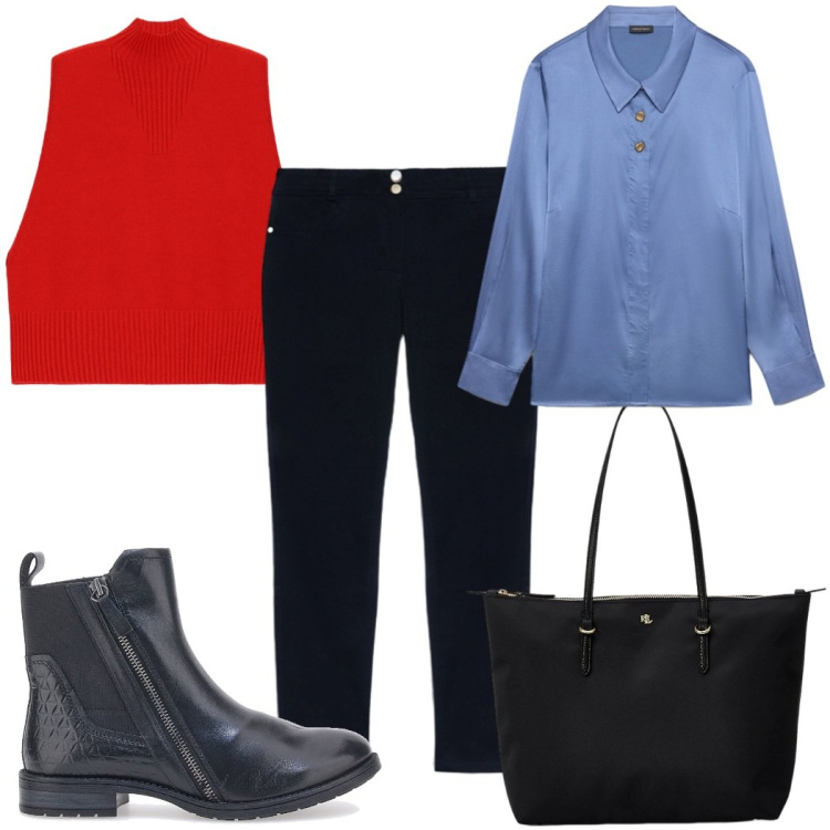 Outfit donna - Total look #2485841. Stile Trendy per Tutti i giorni. Abbinamento con gilet, jeans skinny, bluse, borse tote, stivaletti chelsea.