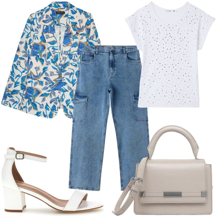 Outfit donna - Total look #2485842. Stile Trendy per Tutti i giorni. Abbinamento con jeans dritti, t-shirt, borse a tracolla, blazer, sandali col tacco.