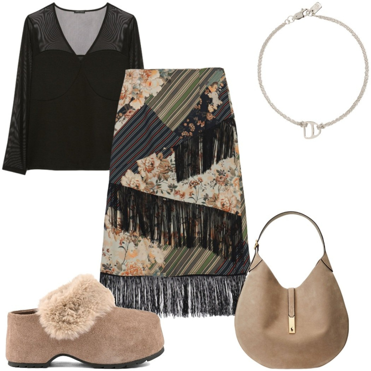 Outfit donna - Total look #2485843. Stile Etnico per Tutti i giorni. Abbinamento con gonne longuette, t-shirt, borse a spalla, braccialetti con ciondoli, zoccoli.