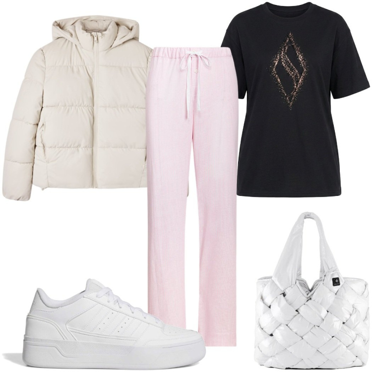Outfit donna - Total look #2485844. Stile Basic per Tutti i giorni. Abbinamento con pantaloni, borse tote, bomber, sneakers, t-shirt.