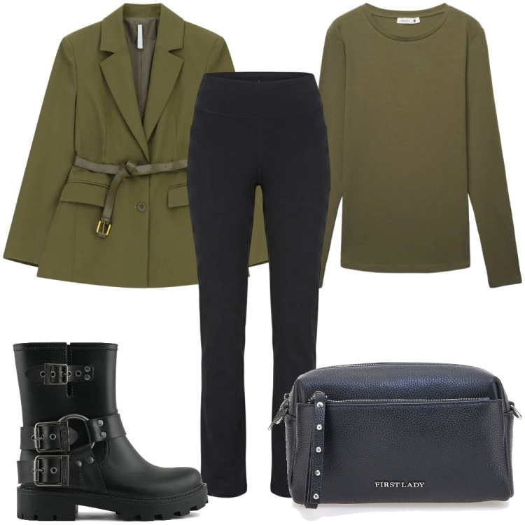 Outfit donna - Total look #2485845. Stile Military per Tutti i giorni. Abbinamento con t-shirt, blazer, stivali, borse a tracolla, pantaloni.