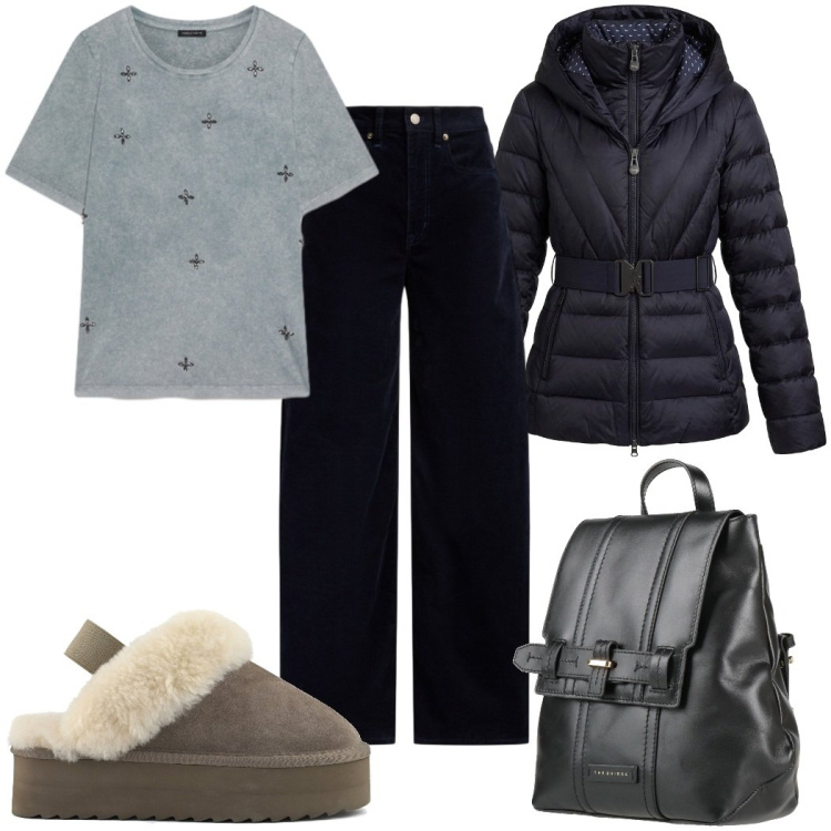 Outfit donna - Total look #2485847. Stile Trendy per Tutti i giorni. Abbinamento con piumini, t-shirt, pantaloni, zaini, sabot.