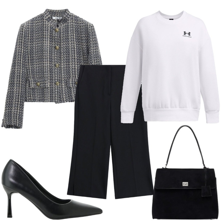 Outfit donna - Total look #2485849. Stile Trendy per Tutti i giorni. Abbinamento con décolleté, pantaloni capri, cappotti, borse a mano, felpe.