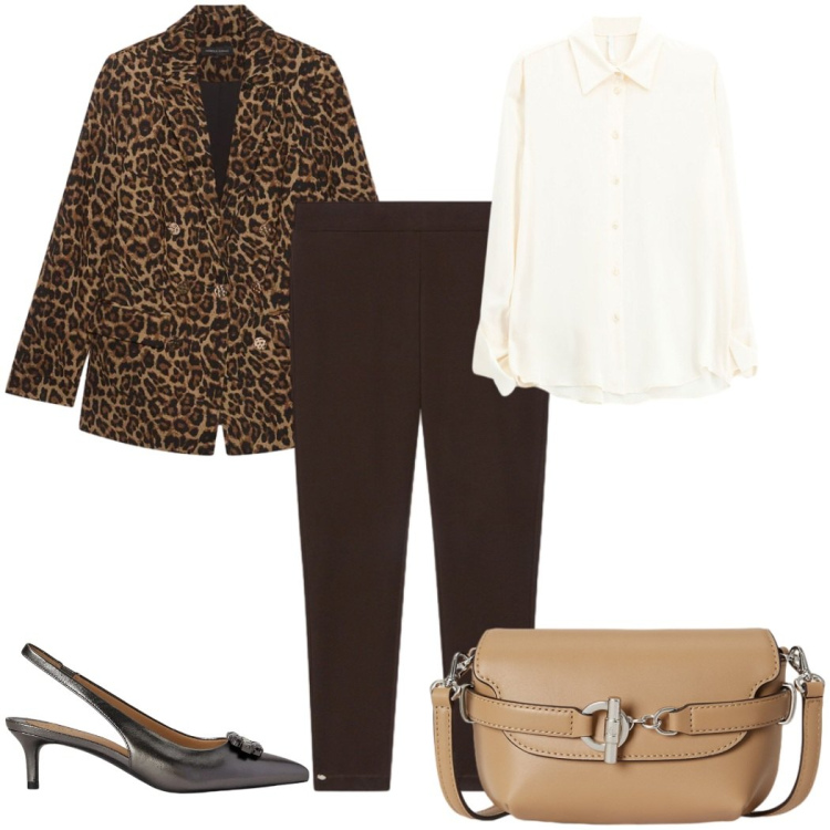 Outfit donna - Total look #2485850. Stile Trendy per Tutti i giorni. Abbinamento con camicie, blazer, leggings, borse a tracolla, décolleté.