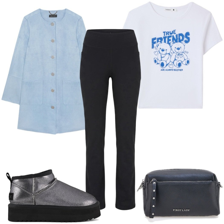 Outfit donna - Total look #2485853. Stile Basic per Tutti i giorni. Abbinamento con t-shirt, cappotti, stivaletti, borse a tracolla, pantaloni.