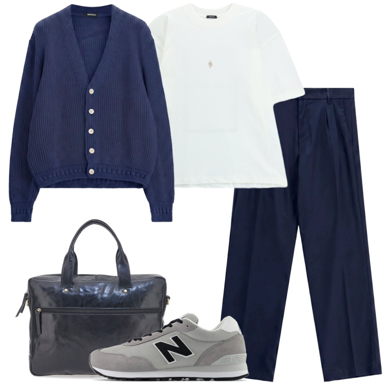 Outfit uomo - Aperitivo informale. Stile Casual per Tutti i giorni. Abbinamento con t-shirt, pantaloni, cardigans, borse sportive, sneakers.