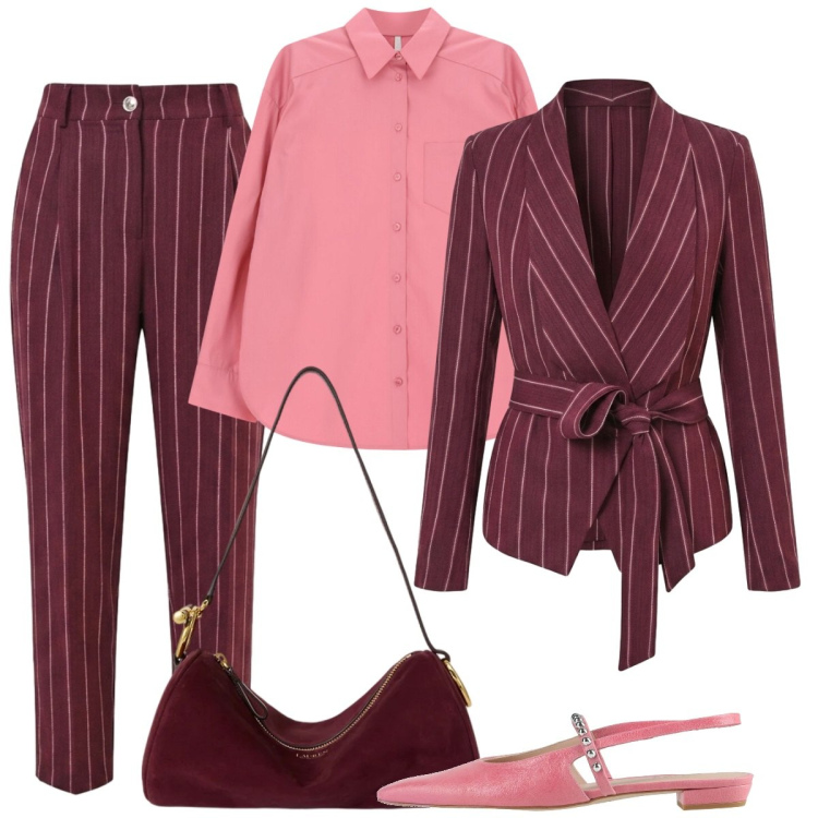 Outfit donna - Talieur a righe. Stile Bon Ton per Cerimonia. Abbinamento con camicie, borse a spalla, blazer, pantaloni, ballerine.