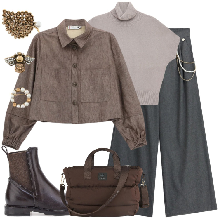 Outfit donna - Spille sulla giacca. Stile Urban per Tutti i giorni. Abbinamento con pantaloni a palazzo, pullovers, accessori per capelli, cappotti, borse tote, stivaletti chelsea.