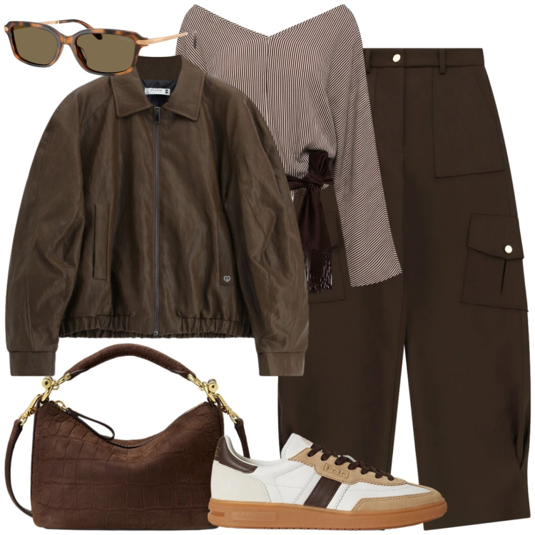 Outfit donna - Domenica pomeriggio. Stile Casual chic per Tutti i giorni. Abbinamento con top, pantaloni cargo, giacche, sneakers, borse a spalla, occhiali da sole.
