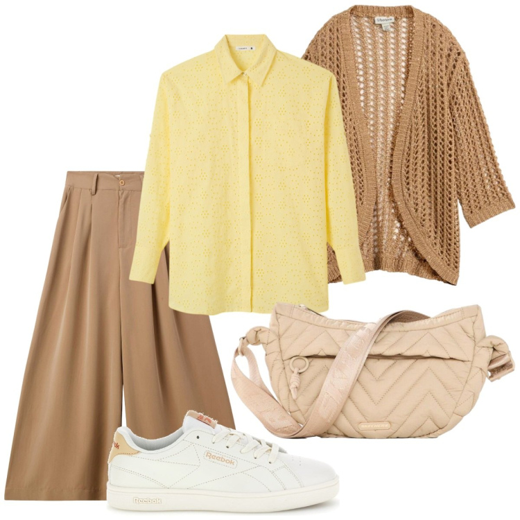 Outfit donna - La camicia giallo burro. Stile Basic per Tutti i giorni. Abbinamento con cardigans, marsupi, pantaloni, camicie, sneakers.