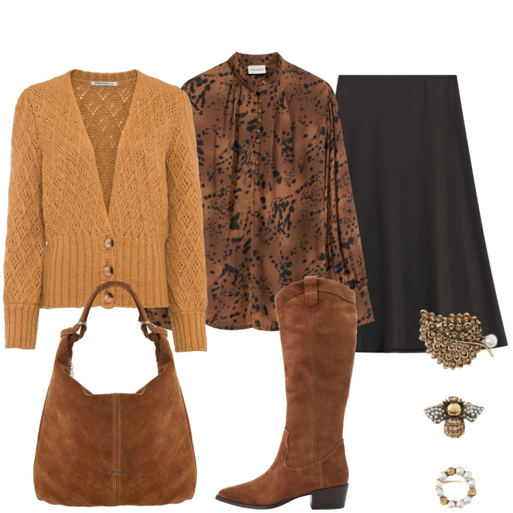 Outfit donna - Monocrome sofisticato. Stile Glamour per Tutti i giorni. Abbinamento con gonne longuette, borse a spalla, accessori per capelli, stivali, cardigans, bluse.