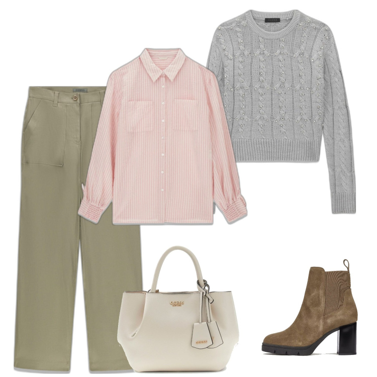 Outfit mujer - Casual #9502. Estilo Casual para Todos los días. Combinación con camisas, prendas de punto, botines, pantalones, bolsos de mano.