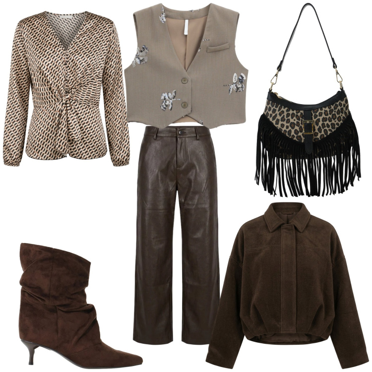 Outfit donna - Urban chic. Stile Casual chic per Tutti i giorni. Abbinamento con borse a spalla, gilet, stivali, bomber, bluse, pantaloni.