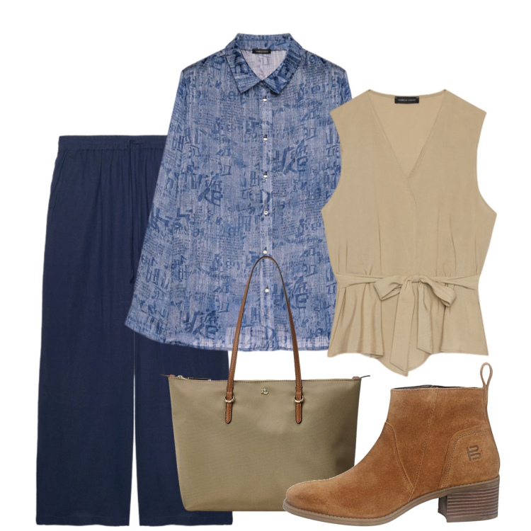 Outfit donna - Ottobre. Stile Bon Ton per Tutti i giorni. Abbinamento con gilet, pantaloni a palazzo, camicie, borse tote, stivaletti.