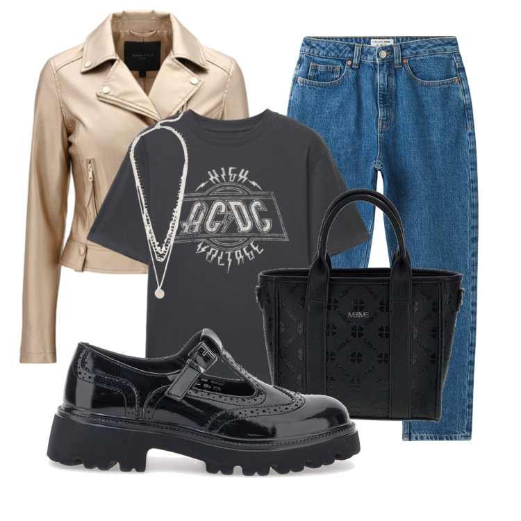 Outfit donna - Casual chic per tutti i giorni. Stile Casual chic per Tutti i giorni. Abbinamento con collane, jeans mom, t-shirt, giacche, mocassini, borse a tracolla.