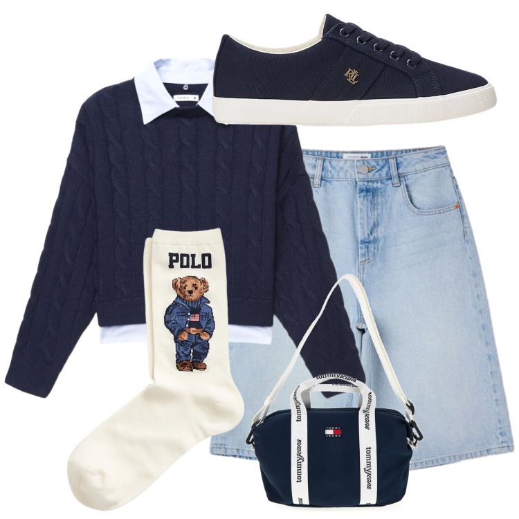 Outfit donna - Comoda e glamour. Stile Glamour per Tutti i giorni. Abbinamento con bermuda, maglieria, sneakers, calzini, shopping bag.