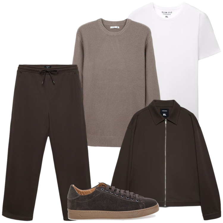 Outfit uomo - Coordinato comfort autunnale. Stile Urban per Tutti i giorni. Abbinamento con cappotti, maglieria, pantaloni, t-shirt, sneakers.