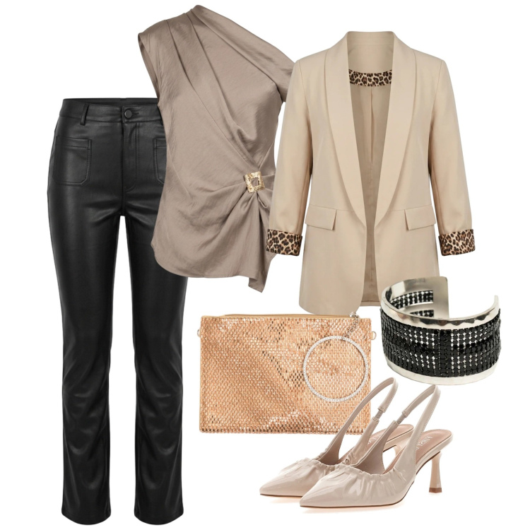 Outfit donna - SOFT LEATHER: Gli opposti si attraggono. Stile Chic per Serata fuori. Abbinamento con top, blazer, pochette, braccialetti, pantaloni, décolleté.