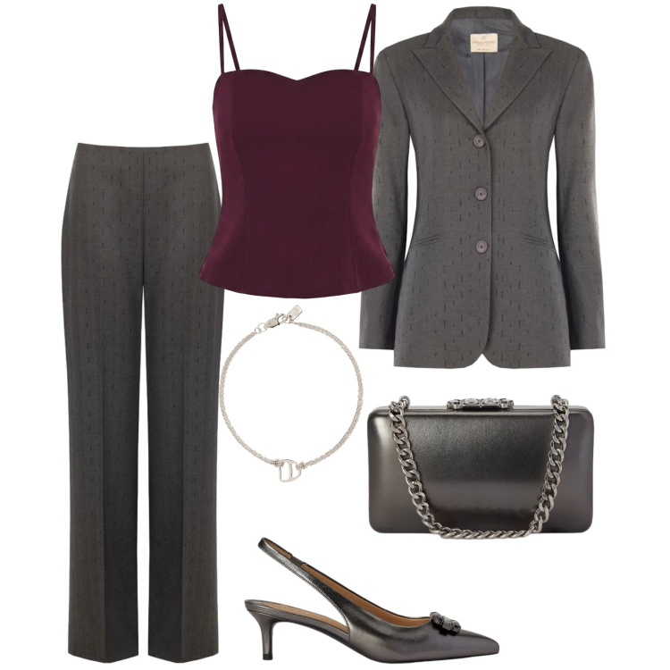 Outfit donna - Le lauree e cene importanti. Stile Chic per Serata fuori. Abbinamento con blazer, pantaloni, top, décolleté, clutch, braccialetti con ciondoli.