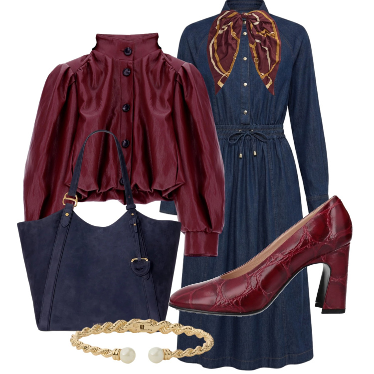 Outfit donna - Passeggiata nel weekend. Stile Bon Ton per Tutti i giorni. Abbinamento con vestiti chemisier, giacche, borse tote, foulard, braccialetti, décolleté.
