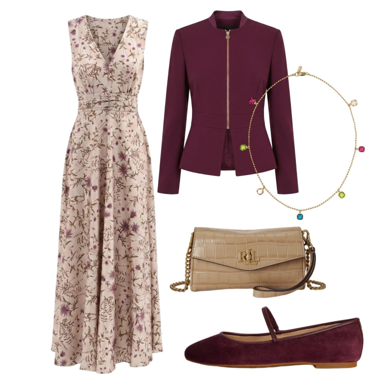 Outfit donna - Cerimonia tra le vigne. Stile Chic per Cerimonia. Abbinamento con vestiti lunghi, blazer, portafogli, ballerine, collane.