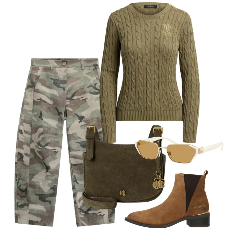 Outfit donna - Camouflage ottobre. Stile Urban per Tutti i giorni. Abbinamento con stivaletti texani, pantaloni, occhiali da sole, borse a tracolla, maglieria.