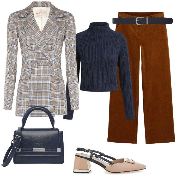 Outfit donna - Il Fascino del Blazer a Quadri e Velluto. Stile Casual per Ufficio. Abbinamento con pantaloni, borse a tracolla, cinture, blazer, maglieria, décolleté.