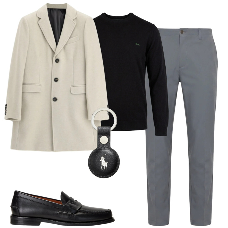 Outfit uomo - Smart casual. Stile Business/Elegante per Tutti i giorni. Abbinamento con maglieria, pantaloni, cappotti, scarpe stringate, portachiavi.