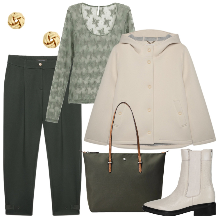 Outfit donna - Verde e beige. Stile Casual chic per Ufficio. Abbinamento con top, blazer, pantaloni, borse tote, orecchini, stivaletti chelsea.