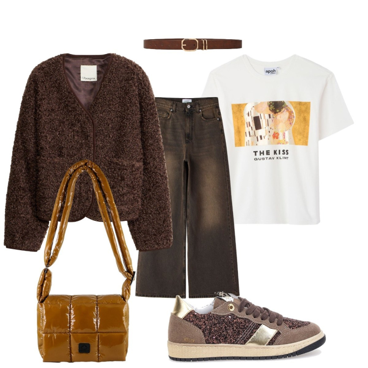 Outfit donna - Casual chic con sfumature marroni. Stile Casual chic per Tutti i giorni. Abbinamento con borse a spalla, jeans, cinture, t-shirt, sneakers, blazer.