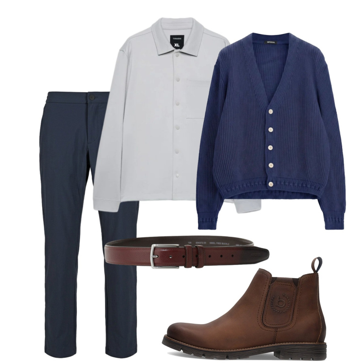 Outfit uomo - Smart casual in ufficio. Stile Casual per Ufficio. Abbinamento con cardigans, cinture, pantaloni, camicie, stivali e stivaletti.