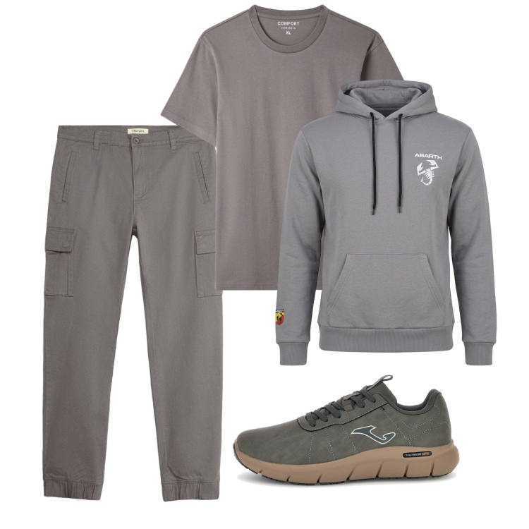 Outfit uomo - Ottobre. Stile Casual per Tutti i giorni. Abbinamento con t-shirt, pantaloni cargo, felpe con cappuccio, sneakers.