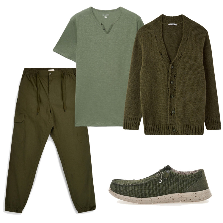 Outfit uomo - Ottobre weekend. Stile Casual per Tutti i giorni. Abbinamento con cardigans, t-shirt, scarpe stringate, pantaloni cargo.